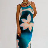 Summer Tie-Dye Floral Print Backless Party Dress Women Sleeveless Spaghetti Strap Sexy Bodycon Dress for Vacation Cocktail Beach