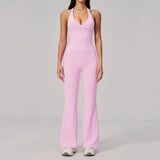 V-neck Yoga Sets Women Seamless Slimming Sports Tank Top High Waist Wide Leg Pants Fitness Suit Outwear Gym Running Tracksuit