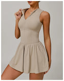 Women Front Zipper Tennis Dress Fake Two-piece Pieces Stand Up Collar Slim Fit Soft Sports Sets Fitness Pocket Skorts Yoga Suits