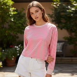 Spring Autumn Casual Loose Tops for Women Long Sleeve Round Neck Loose Fit Striped Print T-shirts