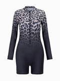 2026 Zipper Rushguard Long Sleeve Surfing Swimsuit Women One Piece Leopard Swimwear Female Bather Bathing Swimming Swim Suit XXL