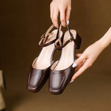 Plus Size 34-41 Women's Sheepskin Narrow Band T-strap Square Toe Summer Sandals 3.5cm Thick Low Heel Elegant Ladies Dress Shoes