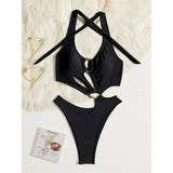 S - XL Asymmetric Halter Cut Out One Piece Swimsuit Women Swimwear Female Metal Ring High Leg Cut Bather Bathing Suit Swim K7065
