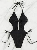 Sexy Halter V Neck Wrinkled Female Swimwear One Piece Swimsuit Women Backless Monokini High Leg Cut Bathing Suit Swim Beach Wear