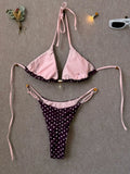 Sexy Pink Polka Dot Print Patchwork Micro Bikini 2026 Women Halter Push Up Bra Triangle Swimsuit Summer Bathing Suit Swimwear