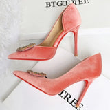 Women 10cm Super High Heels Pointed Toe Side Hollow Work Pumps Metal Crystal Buckle Velvet Stiletto Fashion Banquet Lady Shoes