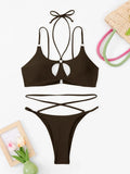 Sexy Halter Cross Bikini 2026 Women String Trikini Set Hollow Out Swimsuit Solid Swimwear Female Lady Bathing Swimming Swim Suit