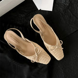 Woven Bow Back Strap Design Sandals Women's Summer New Square Head Shallow Mouth Single Shoe Comfortable Elegant Cool Pumps