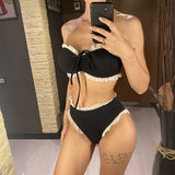 Bandeau Splicing Frilled Female Swimsuit High Waist Bikini Women Swimwear Two-Pieces Bikini Set Bather Bathing Suit Swim V7039