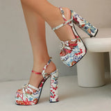 Ethnic Bohemia Sandals Women 2026 Summer Shoes Flower Print Ankle Strap Platform Block High Heels Crystal Pearl Studded