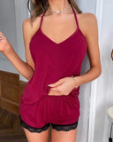 Summer Lace Crochet 2 Pieces Pajamas Set for Women Sleepwear Sleeveless V-Neck Crop Tops and Shorts Sets Casual Loungewear