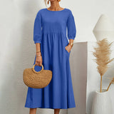 Womens Casual Summer Cotton Dress With Pockets 3/4 Sleeve Loose Midi Shirt Dress Women Dresses With Short Sleeves Vestidos