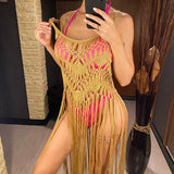 3 Colors Hollow Out Fringe Tassel Knitted Crochet Tunic Beach Cover Up Cover-ups Beach Dress Beach Wear Beachwear Female V3847