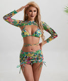 Long Sleeve Printed Halter Bikini Female Swimsuit Women Swimwear Four-pieces Bikini Set with Mesh Skirt Bathing Suit Beach Wear