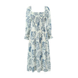 French Casual Style Square-neck Slim-fit Dress Feminine With Side Slit Three-quarter Sleeves Waist Cinching Printed Holiday THF3