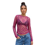 Women Spring Summer Solid Color Slim Sheer T-shirts Long Sleeve Crew Neck Shiny See-through Lace Tops Clubwear