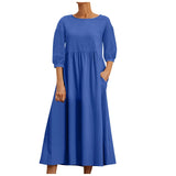 Womens Casual Summer Cotton Dress With Pockets 3/4 Sleeve Loose Midi Shirt Dress Women Dresses With Short Sleeves Vestidos