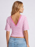Womens Striped T-shirt Deep V Neck Short Elbow Sleeve Corset Tops 2026 Summer Casual Retro Stylish Shirts
