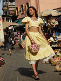Foridol Gingham Printed Yellow Women Summer Dress Set Lace Top+skirt Sets Vintage French Style Midi Dress Oufits Plaid Vestidos