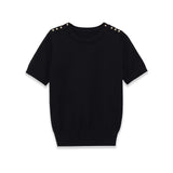 Fashion Casual Short-sleeve Knit Top With Black Short Sleeve Knit Top Gold Button Detail Round Neck Slim Fit Casual Sweater GRQ4