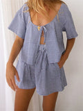 2 Piece Sets Women's Loungewear Front Toe-up Plaid Short Sleeve Shirts Tops and Shorts Sets Summer Y2K Casual Loose Streetwear