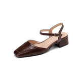 Plus Size 34-41 Women's Sheepskin Narrow Band T-strap Square Toe Summer Sandals 3.5cm Thick Low Heel Elegant Ladies Dress Shoes