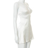 Women Summer Mini Dress Spaghetti Strap Lace Trim Corset Backless Satin Dress Retro Sexy Elegant Club Dresses Female