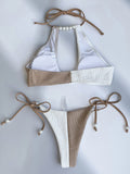 XS - L Splicing Halter Hollow Out Ribbed Bikini Female Swimsuit Women Swimwear Two-pieces Bikini Set Pearls Bathing Suit Swim