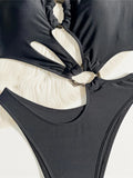 S - XL Asymmetric Halter Cut Out One Piece Swimsuit Women Swimwear Female Metal Ring High Leg Cut Bather Bathing Suit Swim K7065