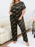 Plus Size 3XL 4XL 5XL Sleepwear Women's Heart Letters Print Pajamas Set Casual Short-Sleeve Top and Pants Loungewear