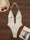 Sexy Brozing White Gold Swimsuit 2026 Women Hollow Out V Neck Backless One Piece Swimwear Summer Slimming Tummy Control Monokini