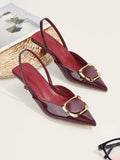 Large Size 35-43 Pointy Toe Burgundy Kitten Heels Slingback Women Summer Pumps Elegant Square Buckle Sandal OL Office Lady Shoes