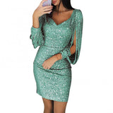 Bodycon Mini Dress Gown Mini Dress 2025 Party Dress Women Glitter V Neck Hollow Out Tassel Long Sleeve