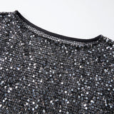 Summer Women's Fishnet T-shirt Casual Loose Fit Stylish Solid Color See Through Sequined Crew Neck Elbow Sleeve Tops