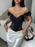 New French Fishbone Camisole Women Black Lace Trim Hollow Out Transparent Corset Tank Top 2026 Summer Club Party Bustier
