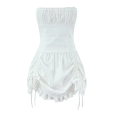 Foridol White Cotton Summer Women's Dress 2025 Off Shoulder Strapless Mini Beach Dress Casual Flower Embroidery Drawstring Dress
