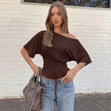 FDYOUI Sexy Short Sleeve Lace-up T-shirts Women 2026 Summer Diagonal Collar Corset Tops Streetwear Y2K Female Bandage T Shirt