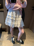 Sweet Korean Style Lace Loose Short Skirt White Tiered Ruffled Mini Skirt Elastic Waist Cute Casual Summer Skirt For Women EHAB