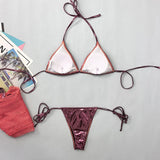 Women Metallic Glitter Pink Gold Micro Mini String Bikini Sets 4 Pieces with Mesh Cover Tops and Mini Skirt Swimsuit Biquini