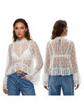 Womens Summer Sheer Shirts Flare Long Sleeve Mock Neck Lace Floral Tops Fashion Ruffled Peplum Hem Cropped T-shirts