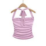 New Women's Fashion Sexy Backless Halter Neck Tie-up Ruched Tube Top Ultra-short Camisole Top In Solid Color Pure Desire F1MR