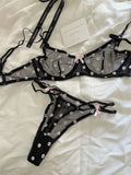 French Retro Lace Bra & Thong Set | Sexy Polka Dot Sheer Mesh Lingerie for Plus Size Big Bust, Ultra Thin MOYISU Panty TUSHY Set