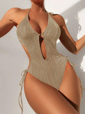Sexy Halter V Neck Wrinkled Female Swimwear One Piece Swimsuit Women Backless Monokini High Leg Cut Bathing Suit Swim Beach Wear