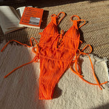 Deep V Neck Halter Wrinkled Female Swimwear One Piece Swimsuit Women Backless Monokini High Cut Bather Bathing Suit Swim Lady