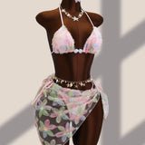 DEKA 3 Piece Brazil Triangle Bikini Set Vintage Pink Floral Embroidery Cover Up Women Halter Push Up Thong Swimsuit Bathing Suit