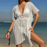 2025 V Neck Short Sleeve Hollow Out Knitted Tunic Beach Cover Up Cover-ups Beach Dress Beach Wear Beachwear Female Women K6535