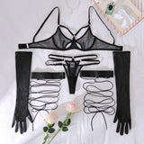 Toucheart Sexy Mesh Lingerie Split Kit with Gloves Steel Ring Laceup Patchwork Skinny See-through Hollow Interesting Private Set