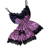 Summer Lace Sleepwear Sexy Satin Pajamas Set Women Nightshirt 2 Pieces Crop Tops and Shorts Set Homewear Loungewear