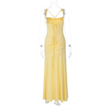 FDYOUI New Fashion Sleeveless Bandage Long Evening Dresses for Women 2026 Spaghetti Strap Lace-up Tunics Folds Party Prom Dress