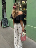 Foridol Geometric Pattern Embroidery Long Pants Women Wide Leg Beige Casual Summer Pants Elastic Waist Drawstring Pants 2025